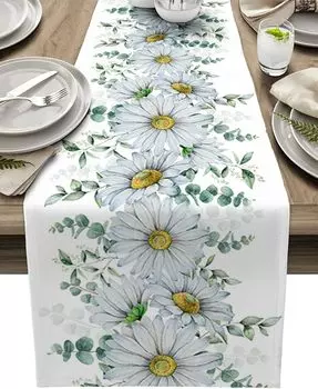 Листья эвкалипта Растение Маргаритка Цветочные льняные дорожки для стола Комод Шарф Весна Фермерский Кухня Обеденный стол Дорожки Декор для вечеринки 150x33cm 59x13inch