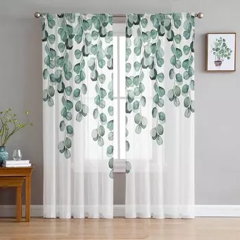 Листья эвкалипта Ветки Текстура Прозрачные Шторы для Украшения Гостиной Оконные Шторы Кухонные Тюль Вуаль Шторы W135 x H115cm x1