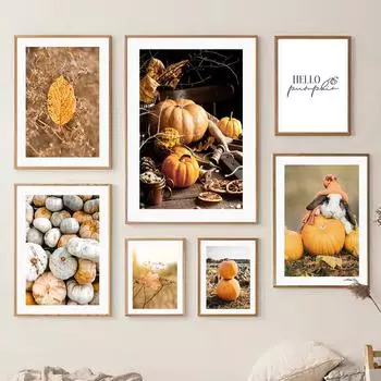 Листья дерева, тыква, кролик, деревня, осень, настенная живопись на холсте, плакаты на скандинавскую тему и принты, картинки для гостиной, домашний декор 21*30cm
