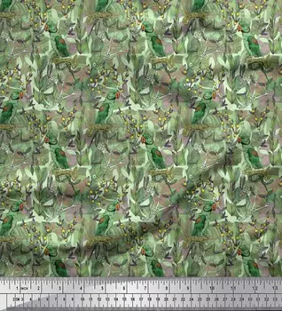 Листья из креповой ткани Soimoi Green Poly | Ткань с принтом «Попугай и птица» в ярдах, 42 дюйма 42 Inch Wide - Poly Crepe зелёный