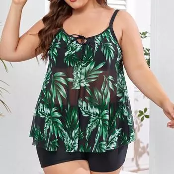 Листовой принт плюс размер танкини купальник женский большой купальный костюм с высокой талией XL зелёный