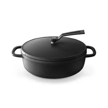 Литая эмалированная кастрюля 22 см, матовая черная, безводная готовка, безводная выпечка, специальная книга рецептов, в комплекте кастрюля для духовки и 2 отдельно стоящие крышки [неглубокого типа]