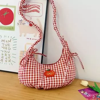 Literary and artistic plaid red bag, women s early summer wear shoulder bag, large-capacity dumpling bag tote bag