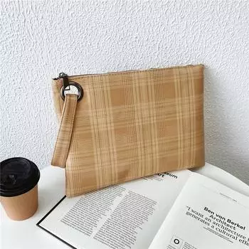 Literary and retro plaid portable zipper envelope bag, simple and versatile small square bag, Japanese and Korean large-capacity clutch bag чёрный