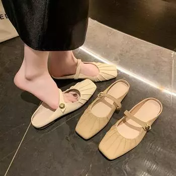 Literary and retro slippers women s spring and summer 2025 pleated French outer wear retro square head bag head Mary Jane single shoes 35
