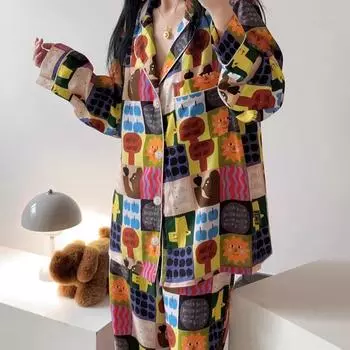 Literary Cartoon Cute Casual Lazy Women s Pajamas Retro Trend Harajuku Homewear Autumn Winter New Long Sleeved+pant 2pc Set L