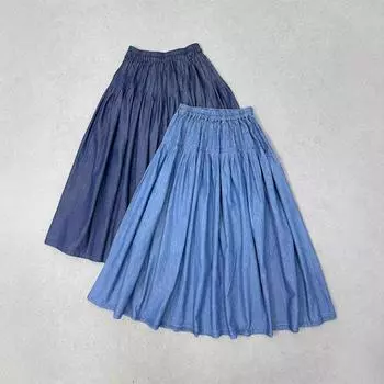 Literary Mori waist pinch pleated large skirt versatile and thin drawstring elastic waist soft denim umbrella skirt women average size темно-синий