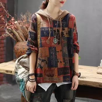 Литература, искусство, ретро, вязаный свитер с длинными рукавами и капюшоном, женский модный свитер с завязками и принтом, женский весенний One Size коричневый