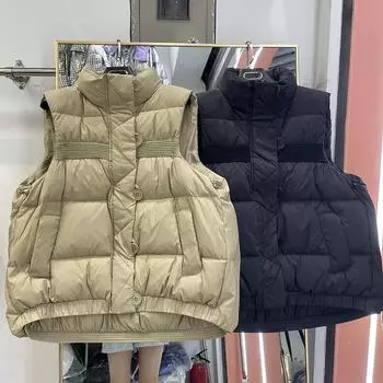Литература, мода, свободный и повседневный осенний новый однобортный жилет с воротником-стойкой, белая куртка на утином пуху и жилет M чёрный