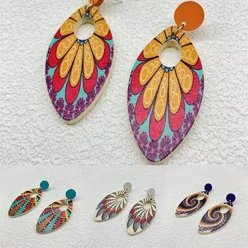 Литература и искусство Деревянные серьги Серьги Ретро-украшения Орнамент Геометрия Богемный стиль 6.7*2.2cm оранжевый