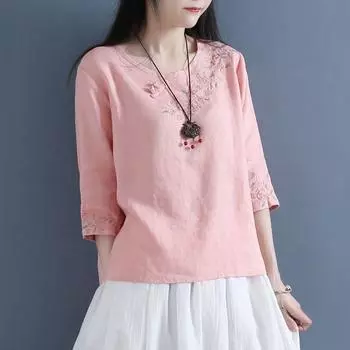 Литературная художественная маленькая свежая свободная круглая горловина хлопковая льняная однотонная футболка для женщин с рукавами три четверти весна-лето короткие футболки M