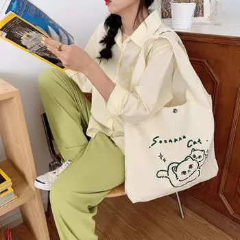 Литературная и художественная японская сумка из холста с рисунком в виде молока, почти кота, простая сумка для покупок, женская сумка из ткани, большая вместимость