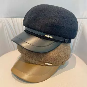 Литературная и ретро восьмиугольная шляпа детская весенне-осенняя жемчужная бантовая шляпа повседневная универсальная шляпа газетчика M56-58cm чёрный