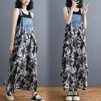 Литературная и свежая летняя одежда 2025 года, новое свободное шифоновое джинсовое платье с рюшами и длинными бретелями для женщин M