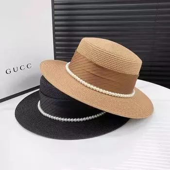 Литературная лента, жемчужная соломенная шляпа, уличное затенение, защита от солнца, большие карнизы, шляпа от солнца, цилиндр для отдыха на море M56-58cm чёрный