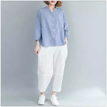 Литературная повседневная удобная клетчатая рубашка Doll женская весна-осень воротник-стойка длинный рукав блузка one size синий