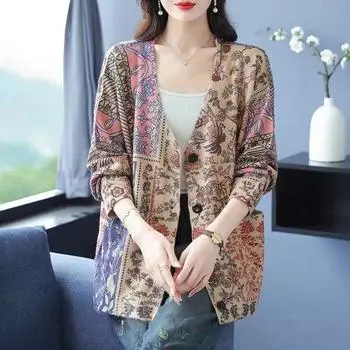 Литературная ретро-одежда осень-зима кардиганы из меха норки с принтом на пуговицах для женщин свободный длинный рукав V-образный вырез трикотажный жакет топ L