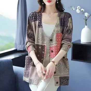 Литературная ретро-одежда осень-зима кардиганы из меха норки с принтом на пуговицах для женщин свободный длинный рукав V-образный вырез трикотажный жакет топ L