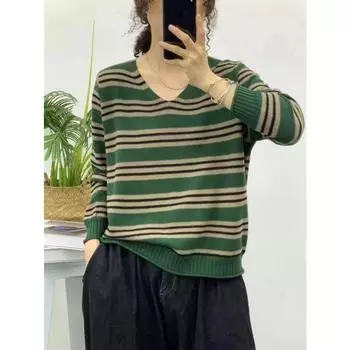Литературная ретро-одежда, полосатые принтованные пуловеры для женщин, осенне-зимний свитер, повседневные хлопковые свитера с длинным рукавом и круглым вырезом L