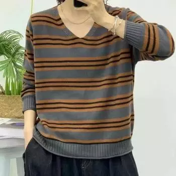 Литературная ретро-одежда, полосатые принтованные пуловеры для женщин, осенне-зимний свитер, повседневные хлопковые свитера с длинным рукавом и круглым вырезом L
