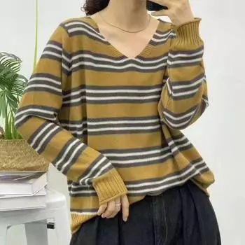 Литературная ретро-одежда, полосатые принтованные пуловеры для женщин, осенне-зимний свитер, повседневные хлопковые свитера с длинным рукавом и круглым вырезом L