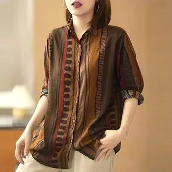 Литературная ретро повседневная свободная рубашка из тонкого хлопка и льна с длинными рукавами и принтом, женская осенняя рубашка больших размеров XXXL кофейный