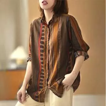 Литературная ретро повседневная свободная рубашка с длинными рукавами из хлопка и льна с принтом женская осенняя рубашка-борцовка XXXL коричневый