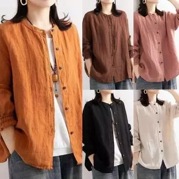 Литературная ретро весенне-осенняя хлопково-льняная рубашка, женская свободная рубашка-рубашка с круглым вырезом, повседневная куртка, топ с закрытыми рукавами S чёрный