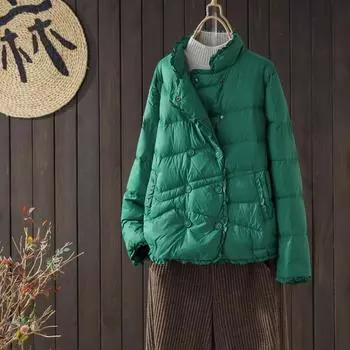 Литературно-художественная однотонная теплая куртка-пуховик женская зимняя мода 2024 года двубортная свободная утолщенная стойка воротник короткая куртка-пуховик M зелёный