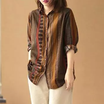 Литературно-художественная ретро новая повседневная свободная рубашка большого размера с принтом, тонкая рубашка из хлопка и льна с длинными рукавами, женская осенняя рубашка-рубашка S хаки