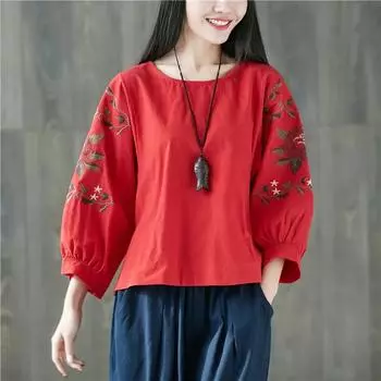 Литературно-художественная ретро-вышитая рубашка из хлопка и льна, женская свободная повседневная рубашка в этническом стиле с рукавом три четверти и круглым вырезом, женский пуловер XXXXL белый