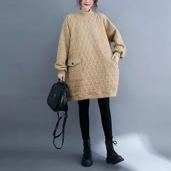 Литературно-художественный большой размер осень-зима новый утепленный свитер в ромбовидную клетку хлопковое платье женское с высоким воротом утолщенный свитер юбка Large XL верблюд