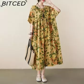 Литературное хлопково-льняное платье большого размера с принтом, короткими рукавами и большим подолом, тонкое повседневное свободное хлопково-льняное длинное платье женское One Size жёлтый