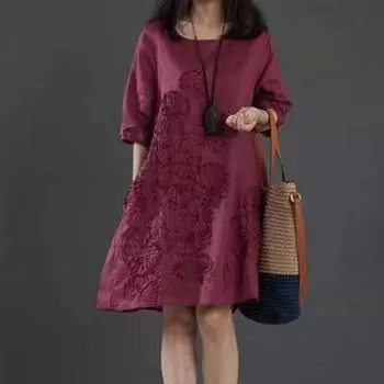 Литературное маленькое свежее свободное хлопково-льняное платье с длинными рукавами и вышивкой S белый