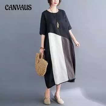 Литературное платье для отдыха в стиле пэчворк, красочное женское платье больших размеров, длинные летние свободные хлопковые льняные платья L