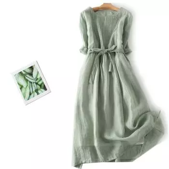 Литературное ретро платье из рами с круглым вырезом, длинное, модель лета 2025 года, на бретелях, рукав семь четвертей, тонкое фиолетовое платье, фея M розовый