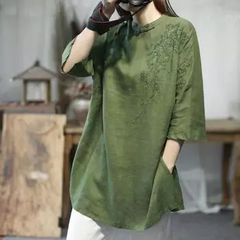 Литературное ретро платье женская китайская вышитая блузка свободная улучшенная чайная рубашка XXXL синий