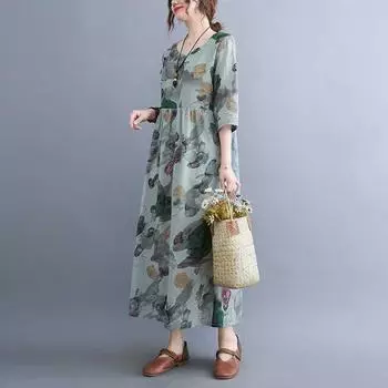 Литературное женское платье из хлопка и льна больших размеров, свободное, утягивающее, с круглым вырезом, рукавами в форме пяти точек, замедляющее старение M бежевый