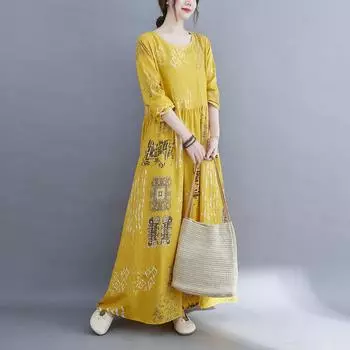 Литературные женские цветочные макси длинные платья больших размеров с принтом, круглым вырезом и длинными рукавами M жёлтый
