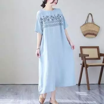 Литературный этнический стиль хлопка льна вышивка короткий рукав платье для женщин летнее круглое горло свободное повседневное платье M тёмно-синий
