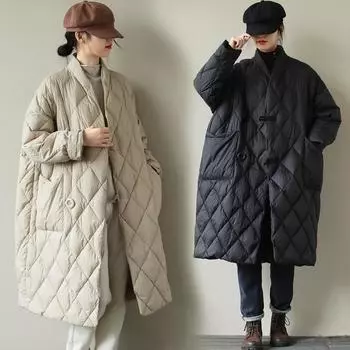 литературный и художественный большой размер свободный воротник-стойка однотонная хлопковая одежда средняя и длинная большие карманы легкая хлопковая одежда куртка женская M чёрный