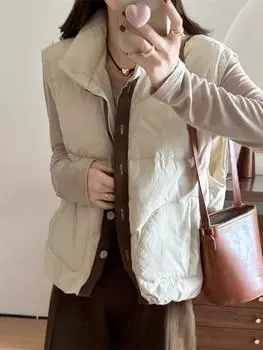 Литературный и художественный контрастный цветной пуховый жилет осенне-зимний иностранный стиль белый утиный пух короткий маленький стоячий воротник жилет куртка average size, recommended within 72.5 kg чёрный