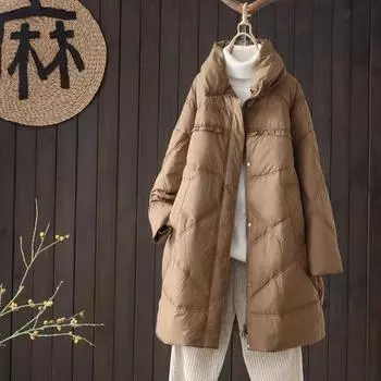 Литературный и ретро большой размер белый утиный пуховик 2024 зима новый воротник стойка утолщенный теплый пальто средней и длинной длины пальто M