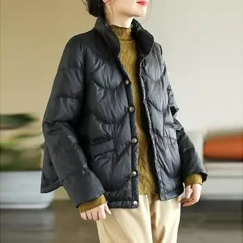 Литературный и ретро пуховик женский короткий 2024 зима легкий воротник-стойка теплый маленький темперамент повседневный топ прилив M чёрный