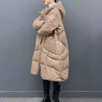 Литературный и ретро утолщенный пуховик большого размера с капюшоном из белого утиного пуха, женская средняя и длинная, до колена, свободная и универсальная куртка M чёрный