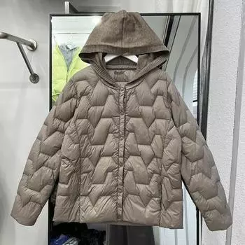 Литературный и тонкий пуховик женский короткий зимний новый вязаный шапка повседневный универсальный куртка зимний прилив M абрикосовый