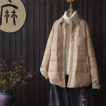 Литературный однотонный воротник рубашки легкий пуховик рубашка женская осень и зима 2024 новый белый утиный пух модный пуховик S красный