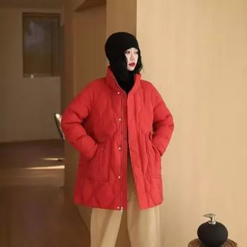 Литературный пуховик женский 2024 зима новый воротник стойка утолщенный средний и длинный свободный большой размер тонкий белый утиный пуховик M кофейный