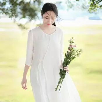 Литературный ретро элегантный хлопок и лен прохладный круглый вырез рукав семь четвертей дзен халат платье женщины M розовый