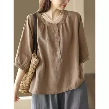 Литературный ретро летняя хлопковая льняная блузка топ свободный пуловер однотонный цвет пятиточечная повседневная рубашка темпераментная рубашка M хаки